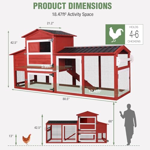 Mobile Chicken Coop with Wheels for 4-6 Chickens, Large Outdoor Hen House with Run, Weatherproof Roof, Sectionable Nesting Box, Pull-Out Tray, 83.3" L x 26" W x 42" H - Red - size: 83.3"L x 26.0"W x 42.0"H