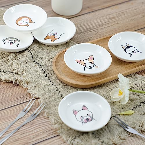 Funny Dogs Head and Butt Pattern Ceramic Sauce Dishes, Seasoning Dishes, Sushi Soy Dipping Bowls, Appetizer Plates, Dessert Plates, Little Cat Bird Feeding Bowls, Set of 6-Dogs-3.5 Inch - color: Dogs, size: 3.5 Inch