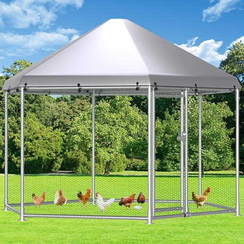HITTITE Large Metal Chicken Coop with Run, 13.2 x 11.4 x 8.6 ft Walk in Poultry Cage Chicken Run Pen, Hexagonal Roof Outdoor Chicken Runs for Yard with Waterproof & Anti-UV Cover - size: 156.0"L x 156.0"W x 103.0"H