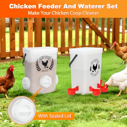 ‎Tgeyd Backyard Chicken Feeder & Waterer Set – No-Waste Feeding Station for Coop & Run, Gravity Water Cups, Feed Storage Container (3 Gal/15 LB)