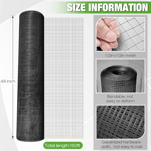Tatuo Hardware Cloth 1/2 Inch 48in x 150ft Hot Dip Galvanized After Welded Cage Mesh Rolls 21 Gauge Metal Chicken Wire Roll Wire Fencing Poultry Netting for Raised Garden Rodent Animals - color: Black, size: 48in X 150ft