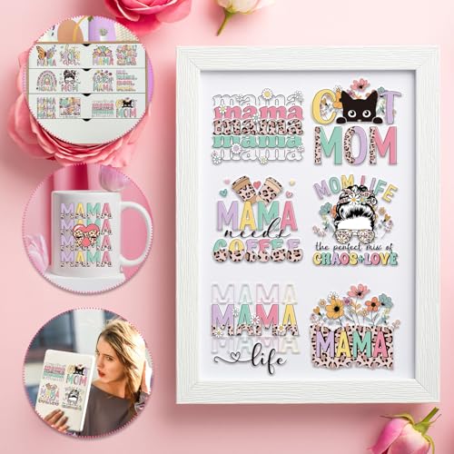 Rngmsi Mom UVDTF Cup Wrap - 20 Sheets Mama UV DTF Cup Wraps for 16 oz Glass, Leopard Print Cat Dog Bear Flower Stickers for Water Botters, Waterproof Rub on Transfer Decals, Mother's Day Gift - style: Mama