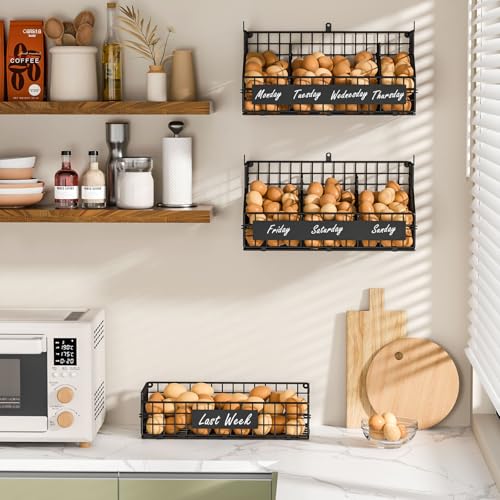 Egg Holder Countertop with 5 Dividers & DIY Nameplate to Separate Eggs | 3 Tier Stackable Wire Storage Baskets for Gathering Fresh Eggs, XXL Large Egg Rack, Wall-Mounted (Patent Pending) - color: Black, size: 3-Tier X-Large