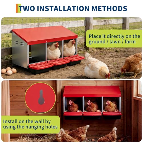 Chicken Nesting Boxes, Metal Chicken Egg Laying Box, Hen Nesting Box with Swing Perch and Rollout Egg Collection for Chicken Coop, Red, 3 Compartments - color: Red with 3 - Slot