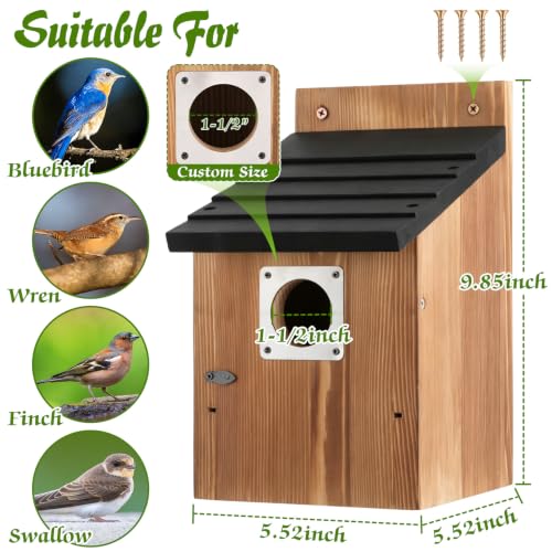 Dreyoo 4 Pack Bluebird Houses for Outside with Metal Predator Guard, 1-1/2" Entrance Hole Wooden Blue Bird Houses for Outdoors, Bluebird Nesting Box(Black Roof, Burnt Wood Body) - color: Black Roof, Burnt Wood Body