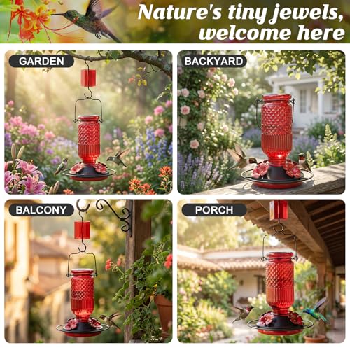 Glass Hummingbird Feeder for Outdoors Hanging, 16 oz Leak-Proof Nectar Feeder with Bee Guards & Ant Moat, 4 Metal Flower Feeding Ports, 360° Perch Ring, Easy Refill & Clean, Red - color: Red