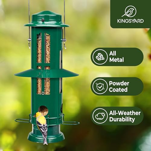Kingsyard Squirrel Proof Bird Feeders for Outdoors Hanging | 4 Ports with Weight-Activated Perch, Chew-Proof Metal, Removable Easy-to-Clean Base, 3 lb Seed Capacity, Green - color: Dark Green