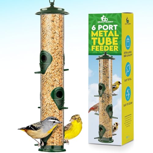 Gray Bunny Squirrel Proof Bird Feeders for Outdoors 6 Port Metal Tube | Bird feeder squirrel proof, locking lid & adjustable hanger, chew-proof, weather resistant, easy clean - color: Green