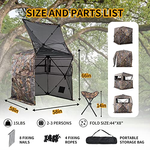 Hunting Blind 270/360 See Through Deer Blind, Pop Up Ground Blind | 2/3/4 Person Camouflage Tent, Portable Concealed Shelter with Carrying Bag, Silent Sliding Windows, Windproof Bottom Layer - size: 2-3 Person & Chair, style: 360