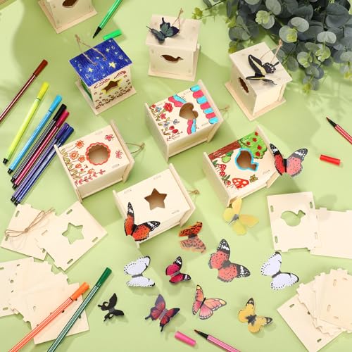 Outus 12 Pcs Wooden Birdhouse Craft Kits to Build, 4 Shapes Wooden Unfinished Bird House with Butterfly Sticker for and Arts Crafts Bulk Painting Kits(Stylish) - style: Stylish