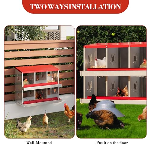 Chicken Nesting Boxes 6 Holes Galvanized Steel Rustproof Egg Laying Box with Egg Collection Systems, Hen Eggs Laying Box, Ventilated/Easy to Install, for Chicken Houses/Duck Houses/Hen - color: Red, size: 35.6"L x 17.3"W x 6.3"H