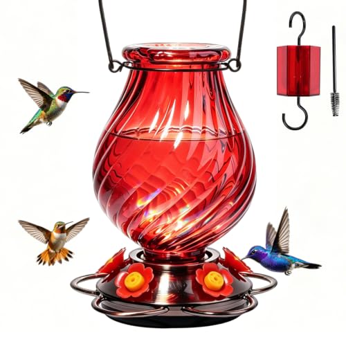 32oz Large Glass Hummingbird Feeders for Outdoors Hanging,Large Capacity Red Hummingbird Feeder with Built-in Ant Moat,Glass Humming Bird Feeder,Gifts for Mom Dad,Outside Garden Décor - color: Red-A