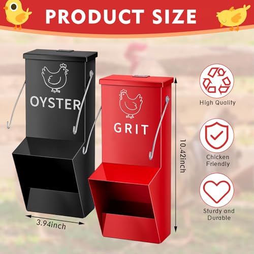 Leinuosen 2 Pack Metal Chicken Oyster Shell and Grit Feeder with Lid and Hook Hanging Mountable Chicken Feeder Trough Automatic Gravity Poultry Coop Accessories Water Dispenser for Chicks, Ducks, Hens