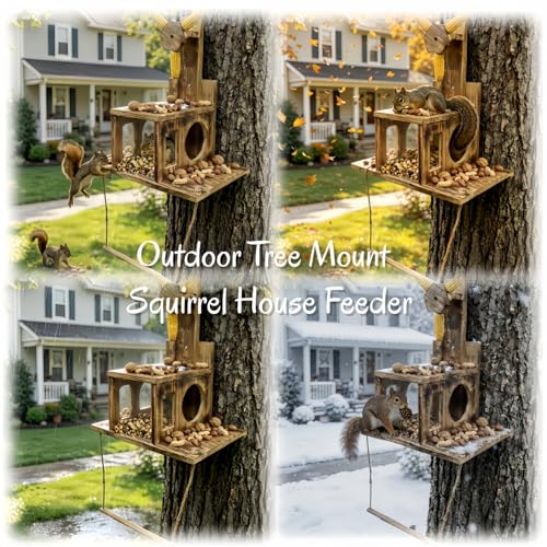 Multifunctional Squirrel Feeder with 3 Ears Spinner Corn Cob Holder | 3-in-1, detachable acrylic viewing panel, hanging perch, peanut tray, easy clean, attracts backyard wildlife