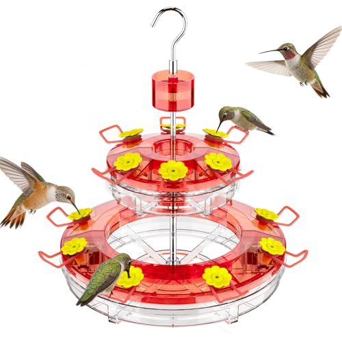 Birdream Hanging Hummingbird Feeder, 20oz | Double-Tier Saucer, 14 Feeding Ports, Ant Moat, Stainless Steel Pole, Easy to Refill and Clean - size: 1 Pack