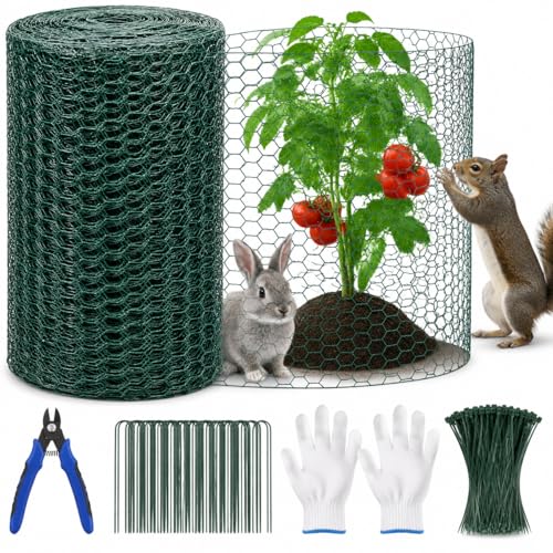 Plant Protectors from Animals, 0.85mm Free-Cut Green Chicken Wire Mesh, PVC Coated Tree Trunk Guard & Garden Fence for Outdoor Plants with Zip Ties, Stakes, Pliers, Gloves (49.2Ft*16In(16x 590 Inch)) - size: 49.2Ft*16In(16x 590 Inch)