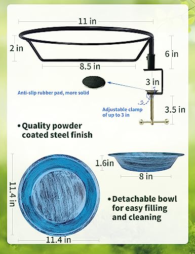 Bird Bath Outdoor Metal Birdbath Deck Mounted, Bird Baths with Adjustable Sturdy Metal Clamp for Deck Railing Balcony Yard Garden Decoration | 2-in-1 Birdbath & Feeder, Adjustable Sturdy Clamp, No-Tool Setup, Weather Rust Resistant, Balcony Deck, Gift for