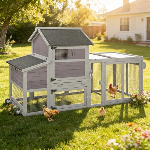 Aivituvin Chicken Coop Outdoor Hen House Wooden Poultry Cage with Wheels,UV Panel,Nest Box, Expandable Coop (Grey, AIR27) - color: Grey, size: AIR27