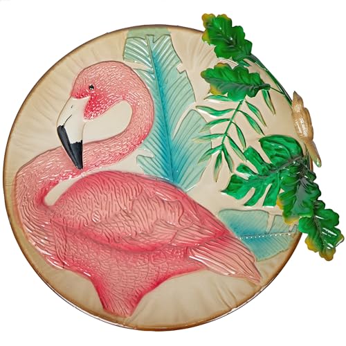Alpine Corporation ORS876 Outdoor Metal Birdbath w/ Stylish Stand, Flamingo Pattern Birdbath Bowl and Stand, 23"H, Pink/Blue - color: Pink/Blue