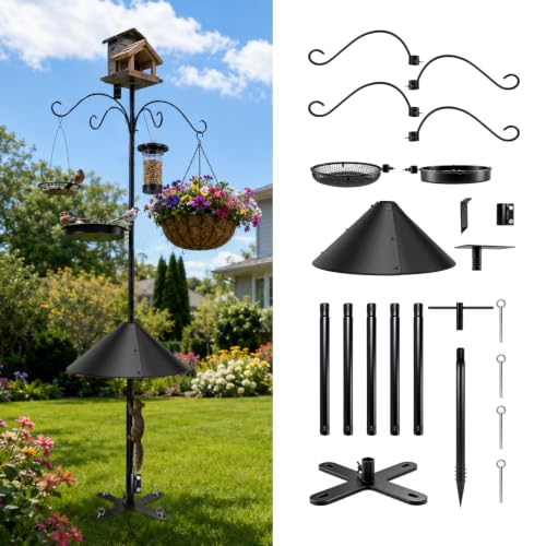 92 Inch Squirrel Proof Bird Feeder Pole with X shape Base Plate, Heavy Duty 1 Inch Dia Bird House Pole, Adjustable Multi-Hook Bird Feeding Station with Squirrel Baffle, Water Bowl & Mesh Tray