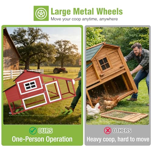 GUTINNEEN Chicken Coop with Wheels, Expandable Hen House Poultry Cage with Run, UV-Protected Roof, Divided Nesting Boxes, Easy One-Person Move, Ideal for 2 Adult Chickens or 4 Bantams, 72.3" L, Red - color: Red, size: 72.3"L x 26"W x 39.8"H