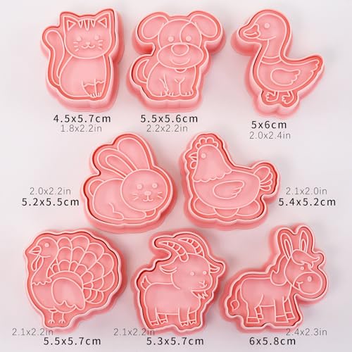 Barnyard Animal Cookie Cutters 8Pcs Rabbit Dog Cat Biscuit Molds for Baking | 3D Embossing Turkey Duck Cute Cookie Stamps for Farm Animal Themed Party Homemade Snack Making - color: Farm B