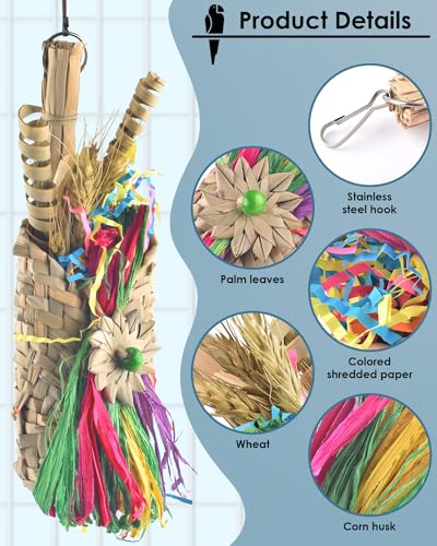 Bissap Bird Chew Toys, Parrot Foraging Shredder Natural Palm Frond Woven Bag Hanging Cage Toy with Chewing Treats for Conure Budgie Cockatiel Cockatoos and Similar Sized Pet Birds - style: Bag
