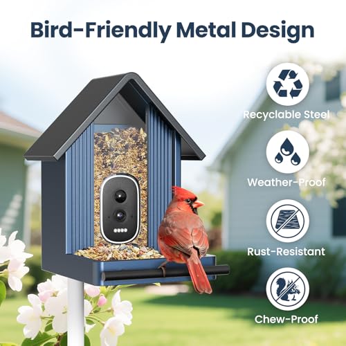 Smart Metal Bird Feeder with Camera, Light Blue | Squirrel Proof, 2.5K UHD AI Identification, Wireless Solar Powered, Real-time Videos & IMG, Outdoor for Garden Birding - color: Light Blue