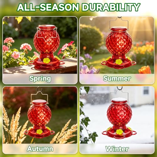 Hummingbird Feeder Glass 20 OZ 2-Pack Round Ant&Bee Proof Feeders | Red Glass Hummingbird Feeders for Outdoors Hanging with 4 Feeding Ports, Rustproof Leakproof Base, Garden Yard Décor Gifts