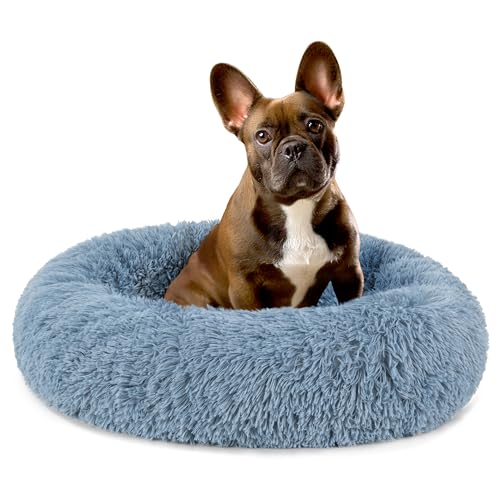 PetAmi Calming Donut Dog Bed, Washable Faux Fur, 23 Inch Small, Blue | Warm Shaggy Faux Fur and A Deep Nest Help Anxious Pets Curl Up and Sleep Soundly. Perfect for Puppies, Cats, and Rescues. - color: Dusty Blue, size: Small - 23"