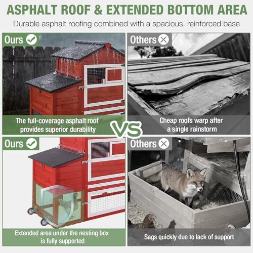 Mobile Chicken Coop with Wheels for 4-6 Chickens, Large Outdoor Hen House with Run, Weatherproof Asphalt Roof, Sectionable Nesting Box & Pull-Out Tray, 82.4" L x 25.8" W x 44.1" H - Red - size: 82.4"L x 25.8"W x 44.1"H