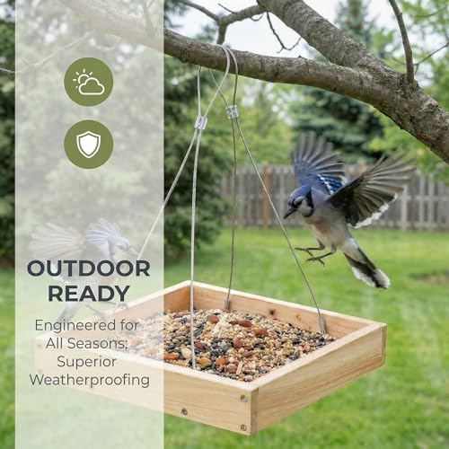 Lightweight Wooden Platform Bird Feeder with Drainage Tray | Wooden feeder keeps seeds fresh, lightweight 0.55LB tray design, attracts cardinals, woodpeckers and wild birds.