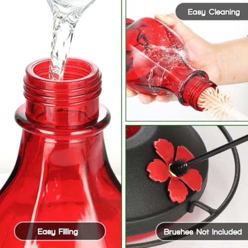 Glass Hummingbird Feeders for Outdoors Hanging, 24oz Wild Bird Nectar Feeder with Ant Moat and 360° Perch, Bee-Resistant Ports,Outside Garden Decor,Colorful Gifts for Women Mom, 1 Pack, Red - color: Red