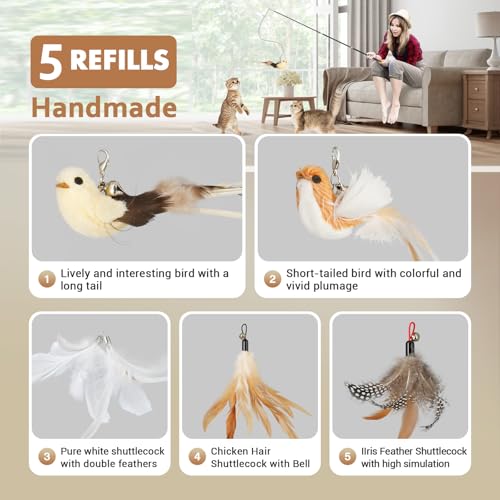 ROSAUI Cat Teaser Wand Toys, Interactive Bird Toys for Indoor Kittens, 42.15’’ Long Cat Fishing Pole Toys, 2Pcs Wires and 5Pcs Natural Refills, Sustainable Wooden Handles, Exercising, Playing - style: Original Wand Set – 2 Rods, 5 Toys