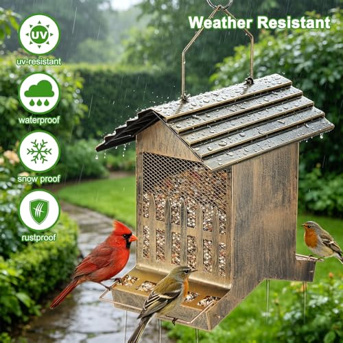 Large Metal Bird Feeder House Outdoor 2-Side Feeding 7.5 Lbs Capacity | Heavy Duty, Waste Proof, Waterproof, Weatherproof, Chew-Proof, House Shape, Easy to Refill and Clean, No Frequently Refill - size: L- 7.5 lbs capacity