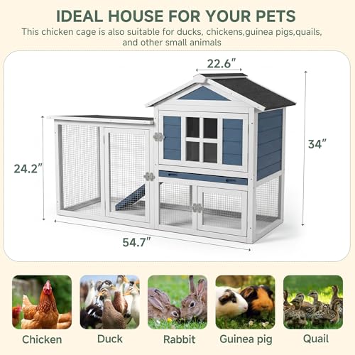 Large Outdoor Rabbit Hutch with Waterproof Asphalt Roof, 54.7” x 22.6” x 34” Wooden Bunny Cage for 2 Rabbits, Guinea Pigs & Chickens, Easy-Clean Pull-Out Tray & Anti-Rust Metal Door