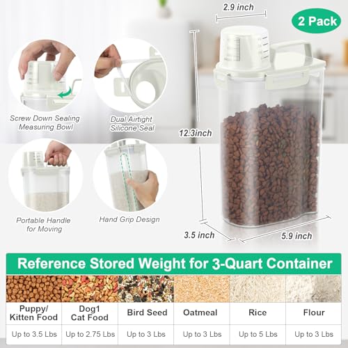 TBMax Small Dog Cat Food Storage Containers 2 Pack, Travel-Friendly Pet Food Container with Spout & Measuring Cup, Kid-Friendly Pet Feeding Dispenser, Portable Dog Treat Bird Seed Container -Beige - color: Beige -2Pcs 3Qt