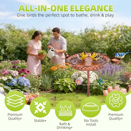 Metal Bird Bath for Outside, 40 Inch Tall Standing Bird Baths Bowl with Detachable Birds Feeder, Heavy Duty Birdbaths for Outdoors, Garden Yard Decor, Copper - size: 40''