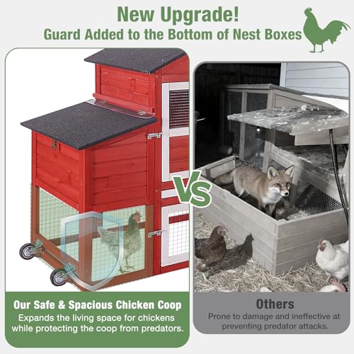 Mobile Chicken Coop with Wheels for 4-6 Chickens, Large Outdoor Hen House with Run, Weatherproof Asphalt Roof, Sectionable Nesting Box & Pull-Out Tray, 82.4" L x 25.8" W x 44.1" H - Red - size: 82.4"L x 25.8"W x 44.1"H