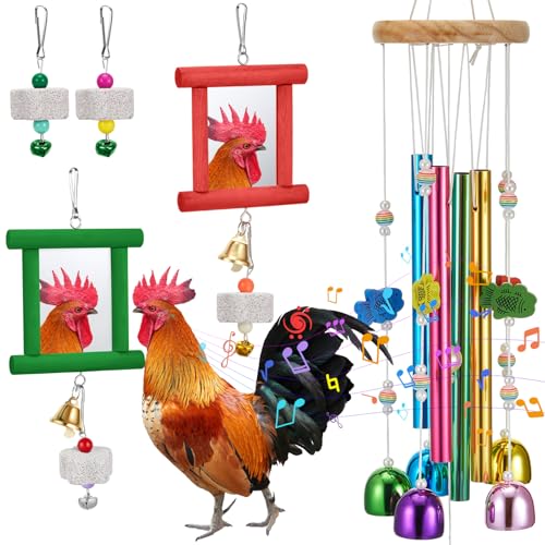 VioraWhite 7 Pcs Chicken Toys, Hanging Chicken Wind Chime, 2 Pcs Coop Mirror Toys with Bells 4 Pack Beak Grinding Stones, Musical Coop Accessories for Hen Rooster Chick Poultry Bird(Rose Red, Green) - color: Rose Red, Green