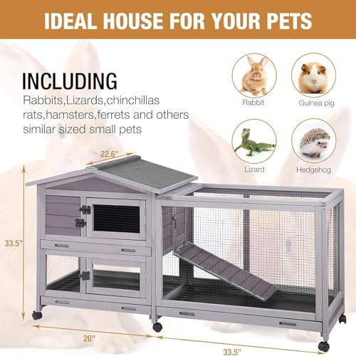 Bunny Cage Indoor and Outdoor Rabbit Hutch with Casters Waterproof Roof, Pull Out Tray from Back and Front 61.2" L x 22.6" W x 33.5" H - size: 61.2"L x 22.6"W x 33.5"H
