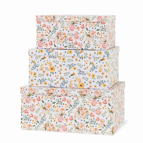 Soul & Lane - Summer Bouquet Decorative Storage Boxes with Lids, Set of 3 | Large Nesting Keepsake Boxes for Memories, Photos and Gifts, Cute Pink Floral Containers for Keepsakes and Organizing - color: Summer Bouquet