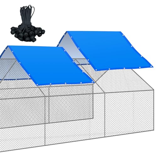 VitalCozy 2 Pcs Chicken Coop Cover Waterproof 14.5 x 6.6 ft Chicken Run Cover Coop Tarp Accessories for Winter with 50 Pcs Ball Bungees Cords for Outdoor, White, Blue - color: White, Blue, size: 14.5 x 6.6 ft