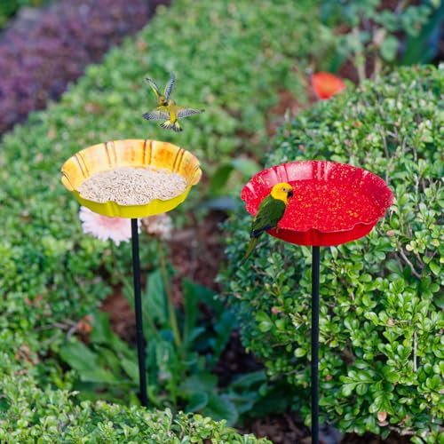 DREAMSOUL 2 Pack Bird Bath with Stake, Metal Garden Birdbath | Solid Metal Structure, Stable Ground Stake, Weather Resistant Red & Yellow Bird Bath for Outside Garden All-Year Use - size: 2PCS