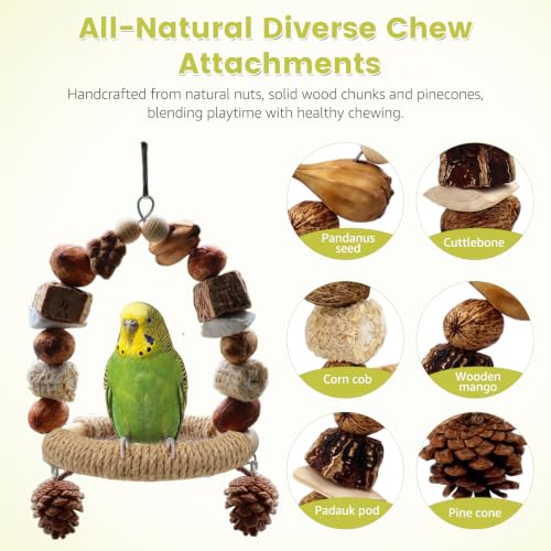 3Pcs Natural Bird Chew Toys, Hanging Bird Swing with Sisal Perch | Claw Grinding Non-Slip Grip Design, Saving Space, for Parakeet, Budgie, Cockatiel, Conure, Lovebird, Canary, Finch - color: swing+perch+chew