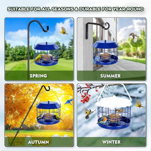 Gbekery Caged Bluebird Feeder for Mealworms with Glass Bowl, Squirrel Proof Bird Feeder for Small Birds Only, Detachable Hook, Large Space, Outdoors Weatherproof, Metal, Blue - style: Blue Glass Bowl