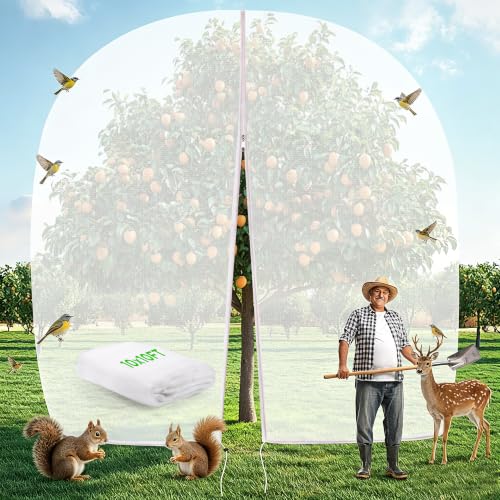 10 X 10FT Large Fruit Tree Netting, Tree Nets for Fruit Trees with Zipper and Drawstring, Insect Netting Barrier for Garden Blueberry Bushes Cherry Peach Apple Protection from Squirrels Birds Pests - size: 10FT x 10FT