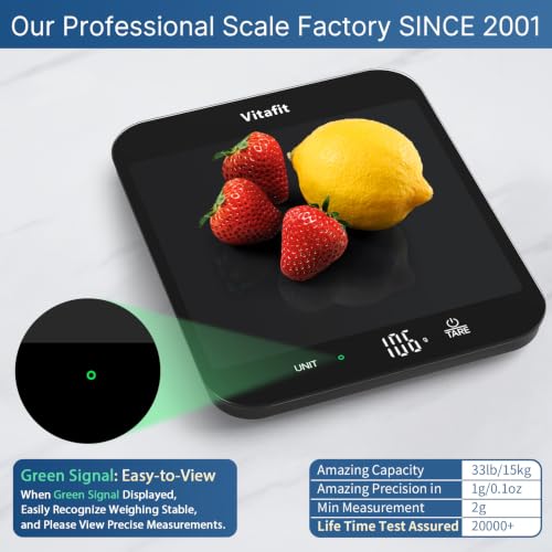 Vitafit 33lb Food Scale for Kitchen Accuracy 0.1oz, 8.5x7.1 Platform, LED | Professional Factory Since 2001 Digital Kitchen Scales Weight Grams and Ounces for Cooking/Baking/Coffee, Tare, 3xAAA, Black - color: Black Tempered Glass