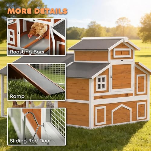 PawHut 79" L Chicken Coop for 6 Chickens with Run 2 Nesting Boxes Orange | Outdoor Wooden Hen House Poultry Cage, Slide-Out Tray, Sliding Rod Door, Roosting Bar, Waterproof Asphalt Roof