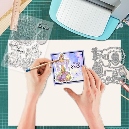 GLOBLELAND Easter Crosses Clear Stamps and Metal Die Cuts Easter Eggs Transparent Stamp Spring Flowers Cutting Dies for Card Making Embossing Scrapbooking - style: Easter Crosses